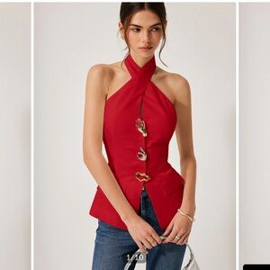 Commense Red Cross-Back Halter Top medium